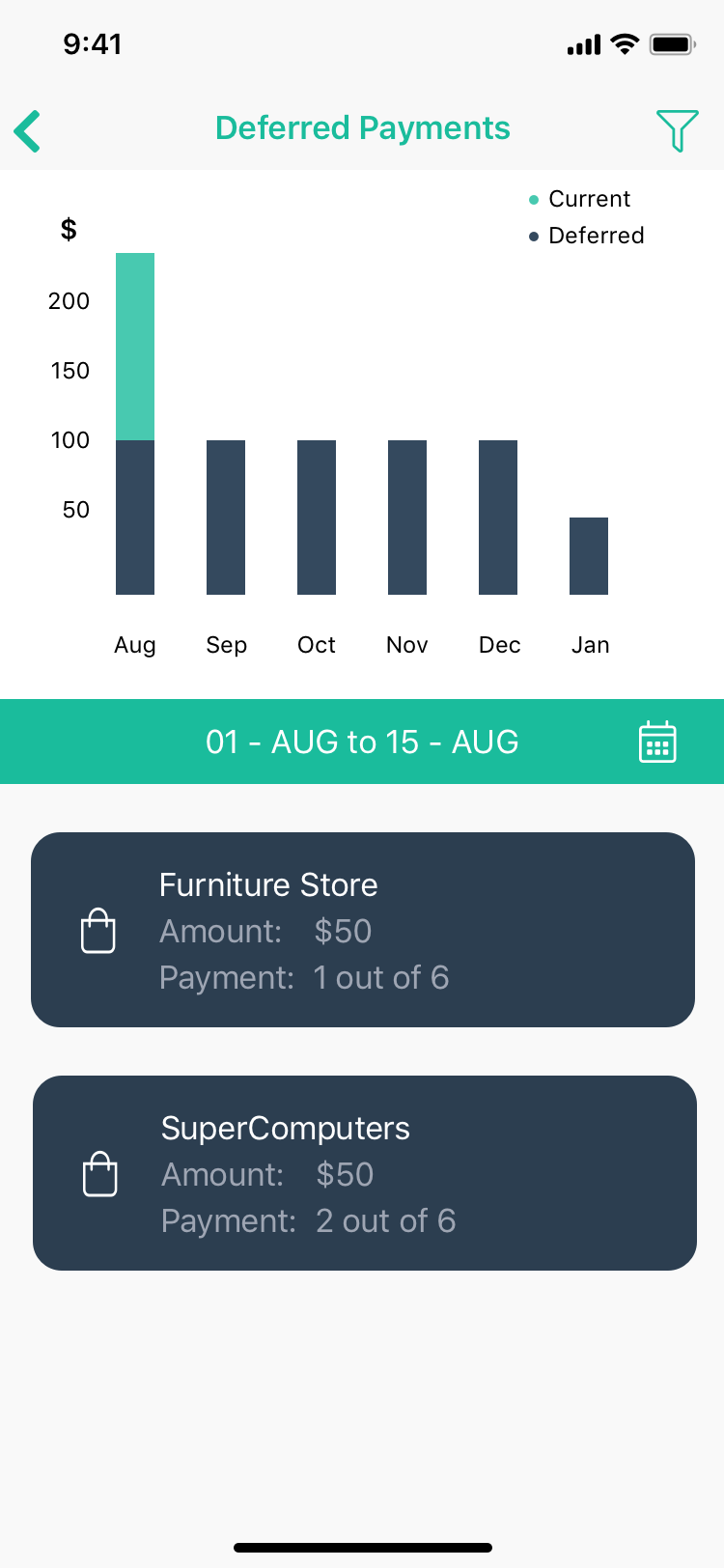 Credit Card App - Deferred Payments Screen