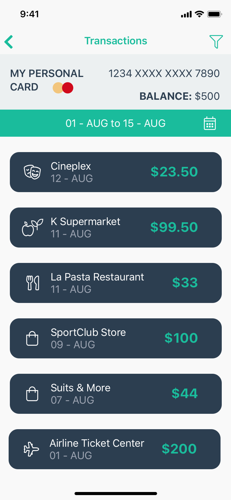 Credit Card App Transactions Screen